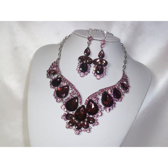 Purple necklace set, statement wedding MOB party prom formal ballroom necklace - Picture 4 of 6